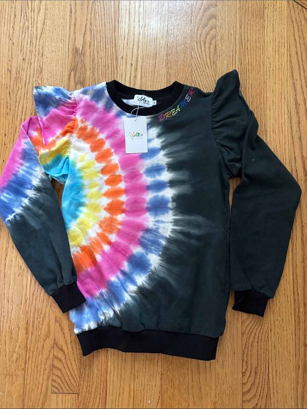 Lola and the Boys Black Sweatshirt with Rainbow Tie-Dye Ruffle Sleeves Size 12